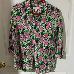 Charter Club linen Pink and Green Tropical pineapple Shirt
